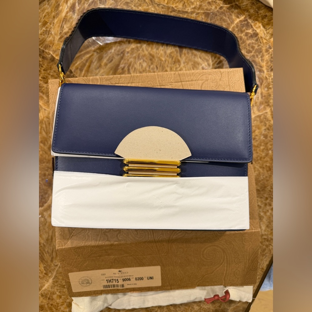 Etro Navy and White Shoulder Bag with Gold Accents